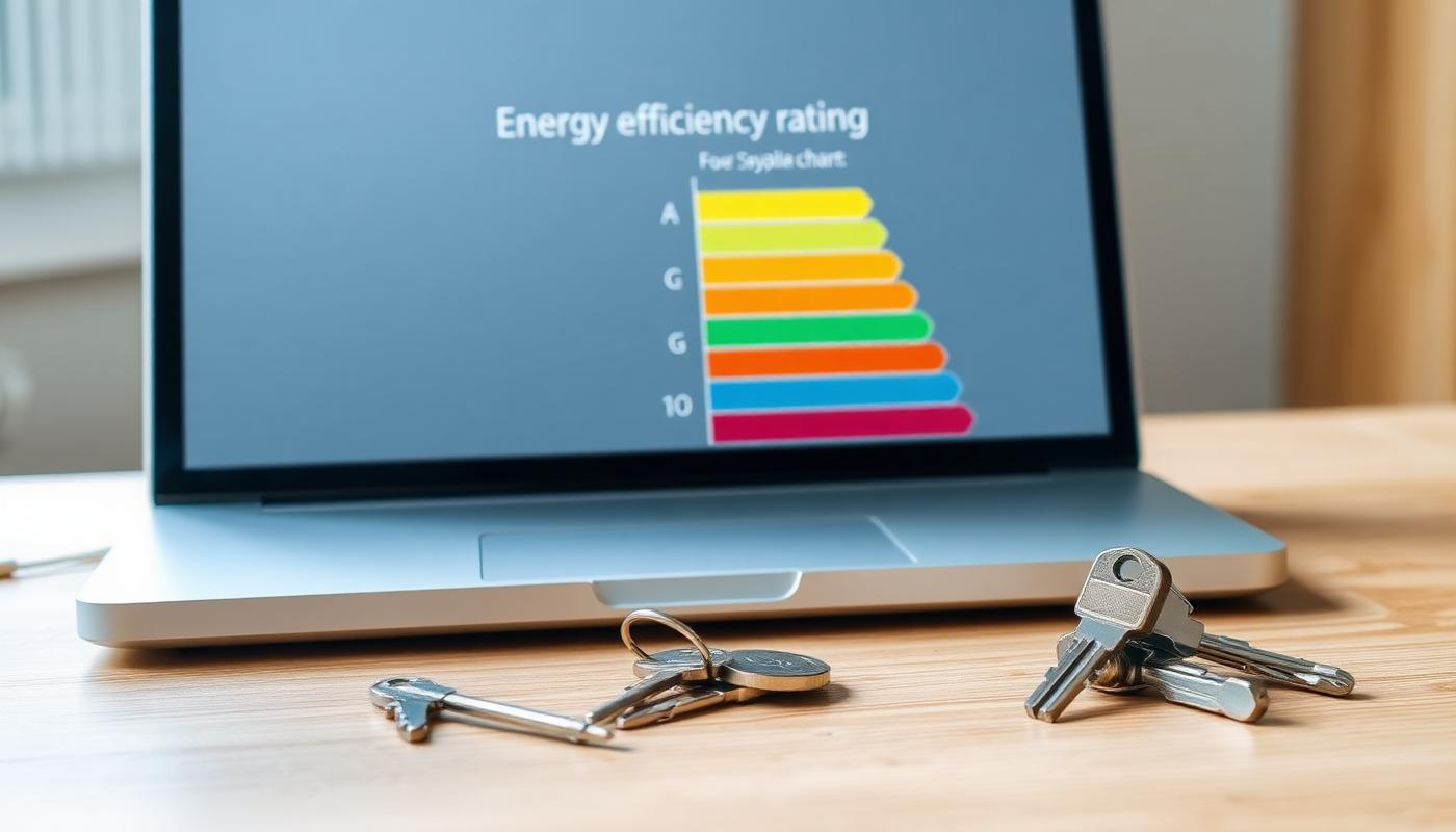Energy efficiency rating chart shown on a laptop beside house keys